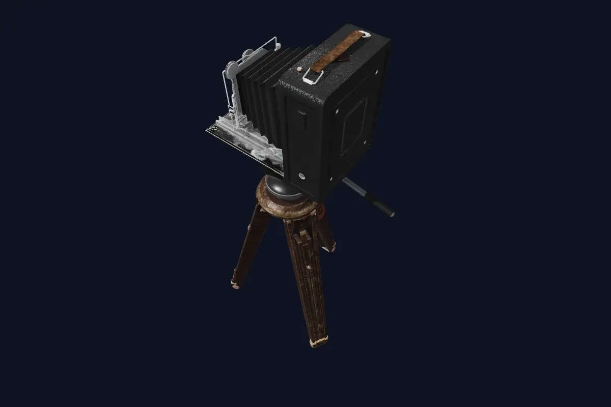 An antique bellows camera on a wooden tripod