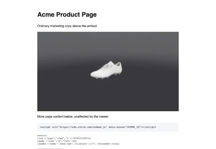 A plain product web page with the Verse viewer embedded in the middle of the copy