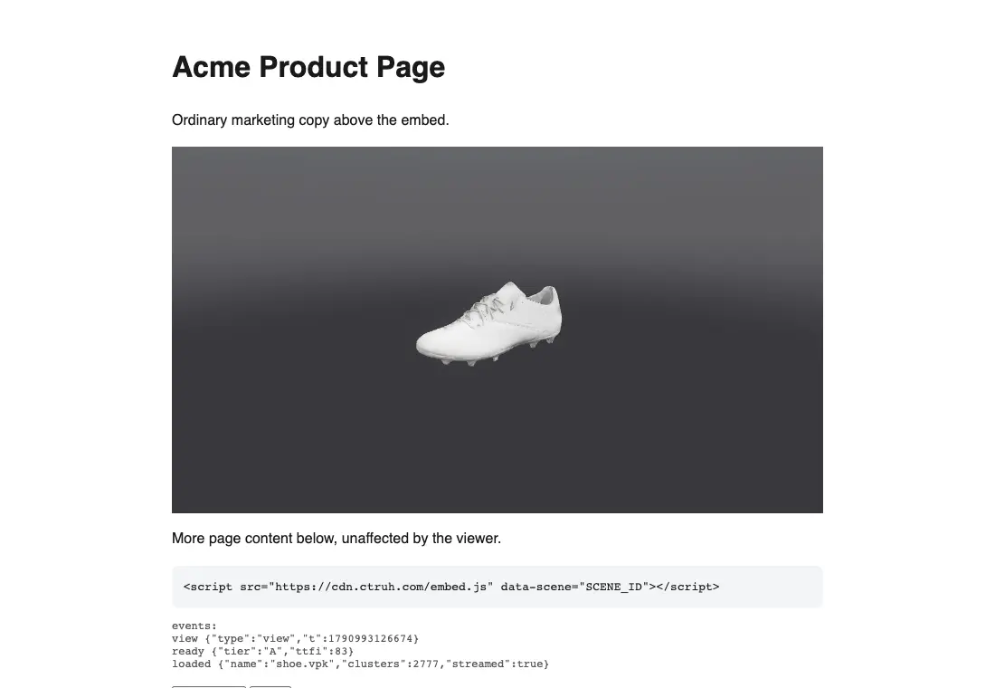 A plain product page with the Verse viewer embedded