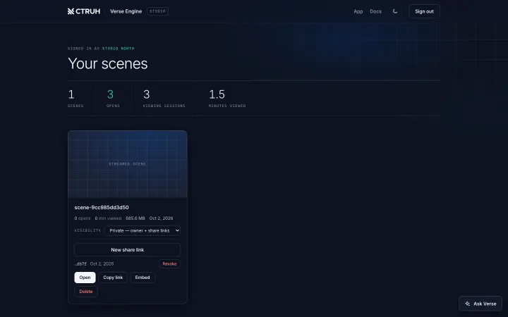 The Studio dashboard showing a private scene with visibility set to private and a new share link button