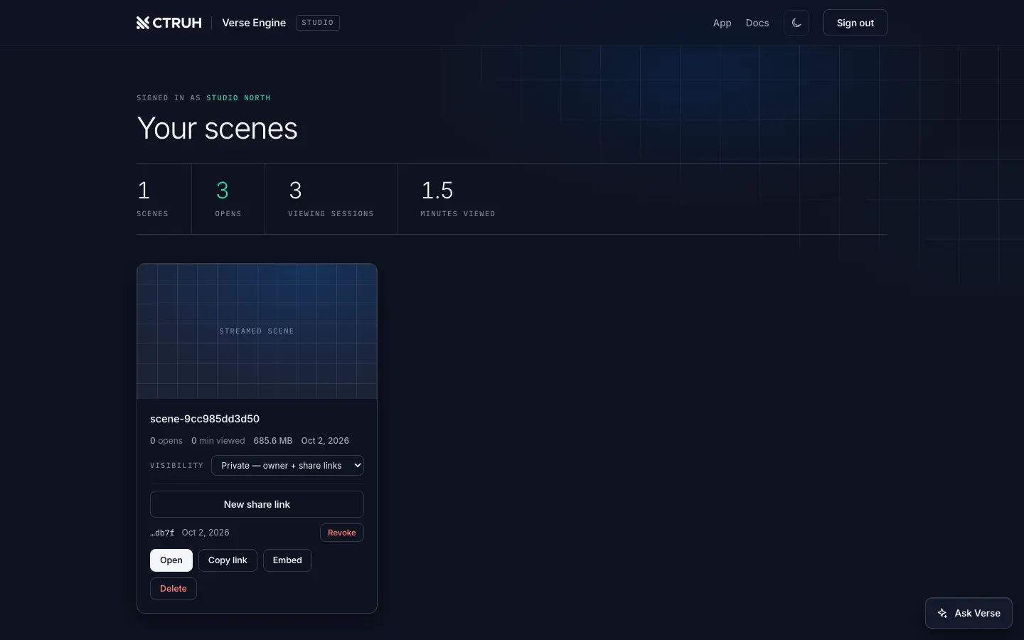 The Studio dashboard with a private scene and a share link