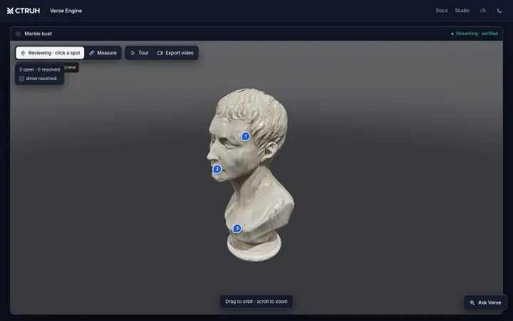 Three numbered review pins placed on a marble bust, with the comment count shown