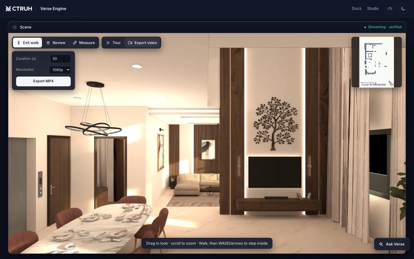 The export video panel open over an apartment walkthrough