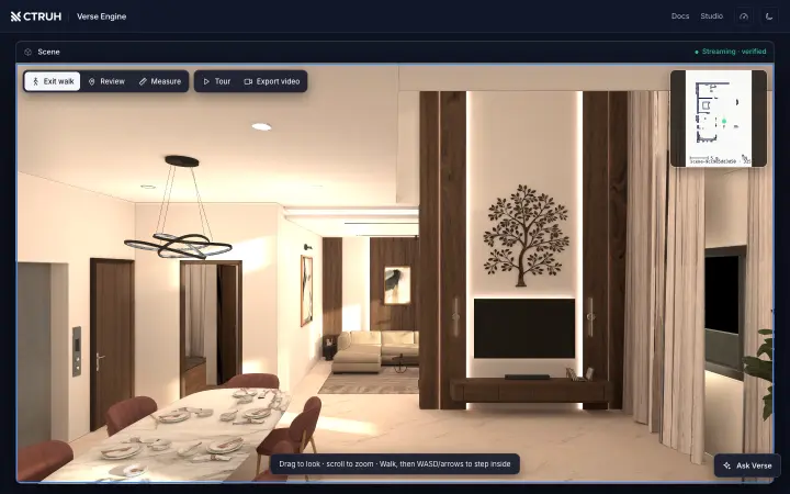 Walking through a furnished apartment in the Verse viewer, with the floor-plan minimap in the corner