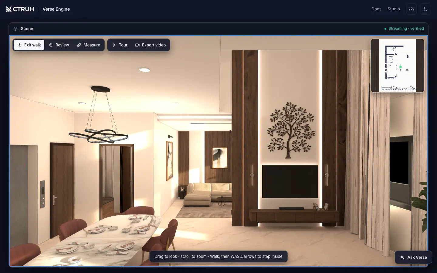 Walking through a furnished apartment in the Verse viewer, with the floor-plan minimap in the corner