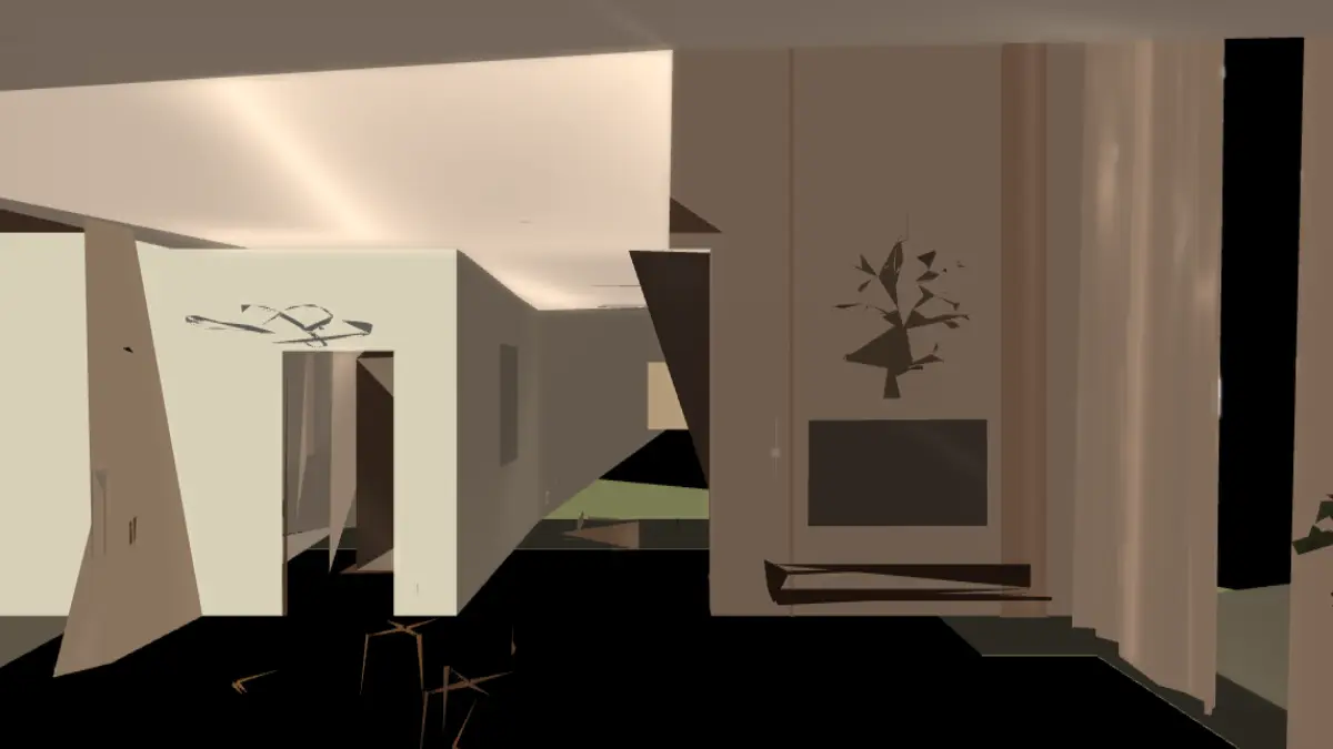 The apartment at about four seconds: every wall and room already visible as a rough, correctly coloured cut